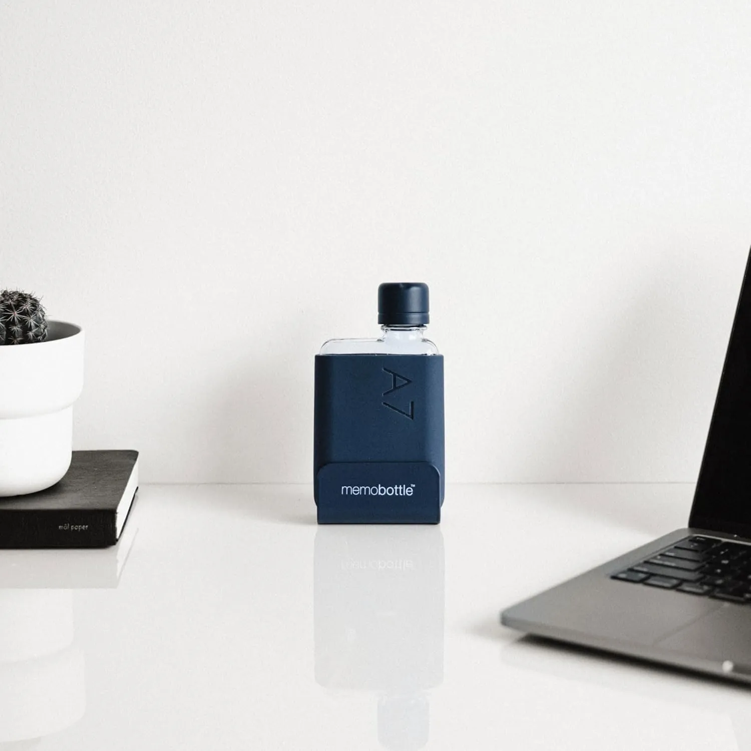 memobottle A7 (Midnight Blue) Bundle - 6oz (180ml) - Bottle, silicone sleeve & lid | Compact Flat Bottle for Bags & Pockets | BPA Free Tritan | Modern & Minimalist | For Gym, Work & Travel
