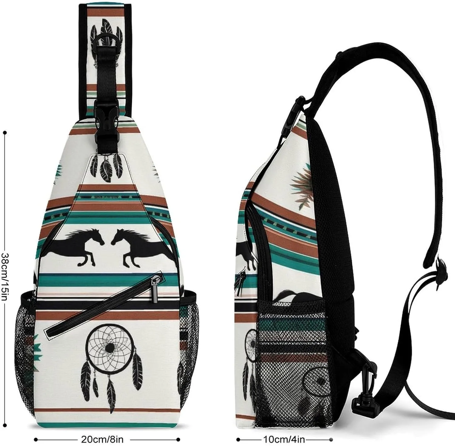 Men & Women Sling Shoulder Backpack Travel Backpack Camping Outdoor Bag - Southwest Native American Ethnic Horse Dreamcatcher Anti-Theft Multipurpose Bookbag, Unbalance Shoulder Chest Crossbody Bag