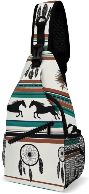 Men & Women Sling Shoulder Backpack Travel Backpack Camping Outdoor Bag - Southwest Native American Ethnic Horse Dreamcatcher Anti-Theft Multipurpose Bookbag, Unbalance Shoulder Chest Crossbody Bag