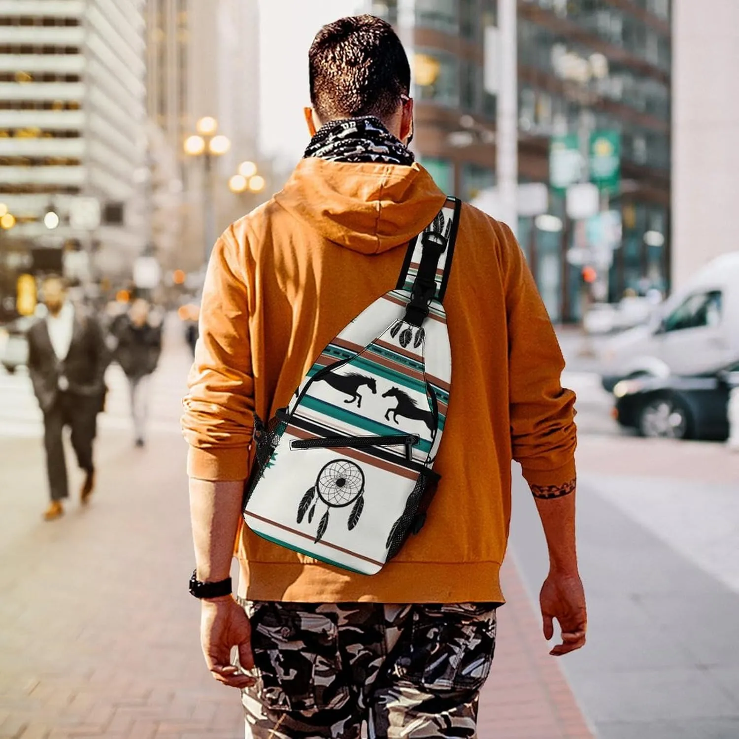 Men & Women Sling Shoulder Backpack Travel Backpack Camping Outdoor Bag - Southwest Native American Ethnic Horse Dreamcatcher Anti-Theft Multipurpose Bookbag, Unbalance Shoulder Chest Crossbody Bag