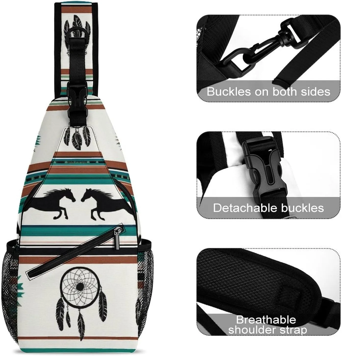Men & Women Sling Shoulder Backpack Travel Backpack Camping Outdoor Bag - Southwest Native American Ethnic Horse Dreamcatcher Anti-Theft Multipurpose Bookbag, Unbalance Shoulder Chest Crossbody Bag