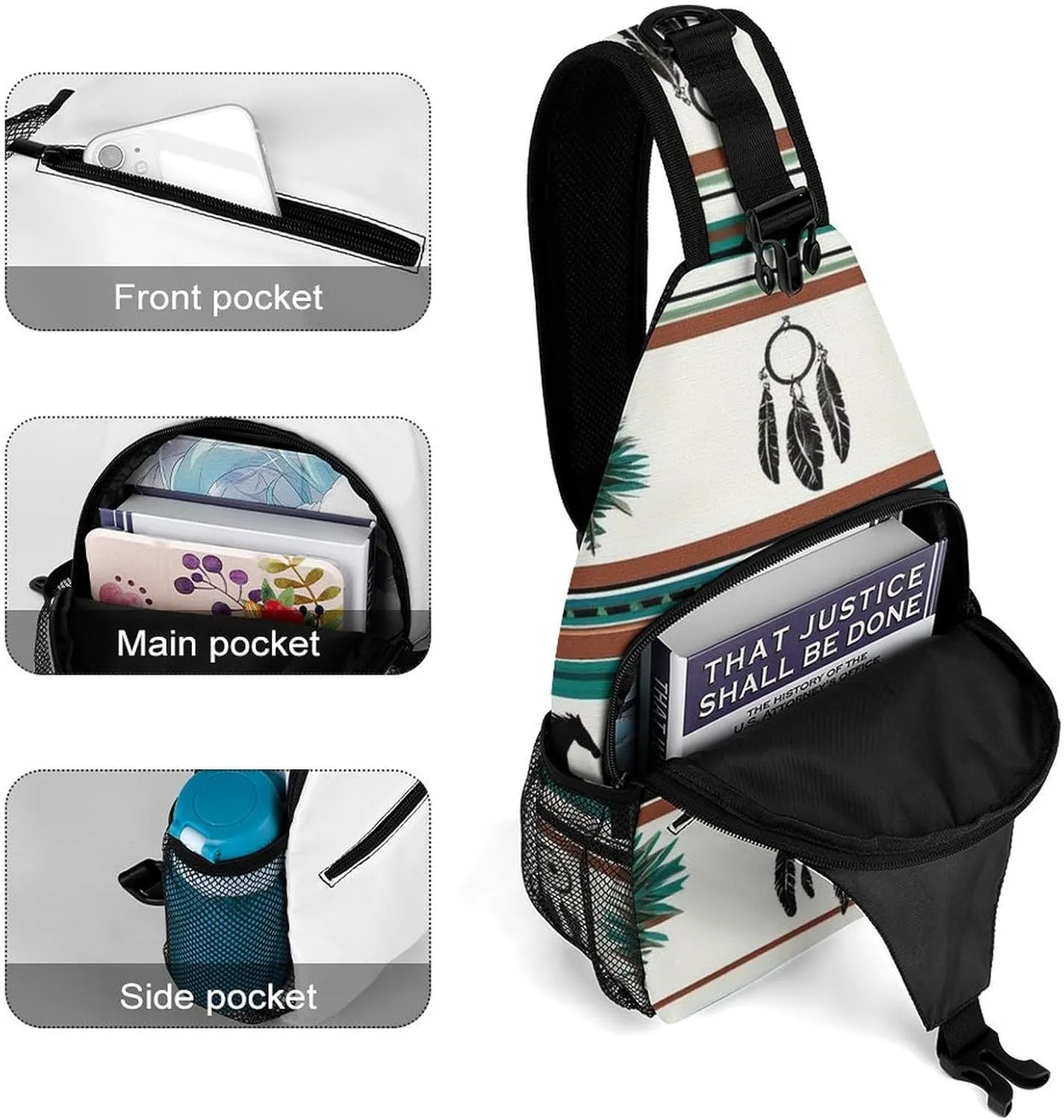 Men & Women Sling Shoulder Backpack Travel Backpack Camping Outdoor Bag - Southwest Native American Ethnic Horse Dreamcatcher Anti-Theft Multipurpose Bookbag, Unbalance Shoulder Chest Crossbody Bag