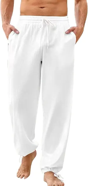 Men's Casual Linen Pants Mens Fashion Casual Solid Color Cotton and Linen Pants Elastic Waist Pants