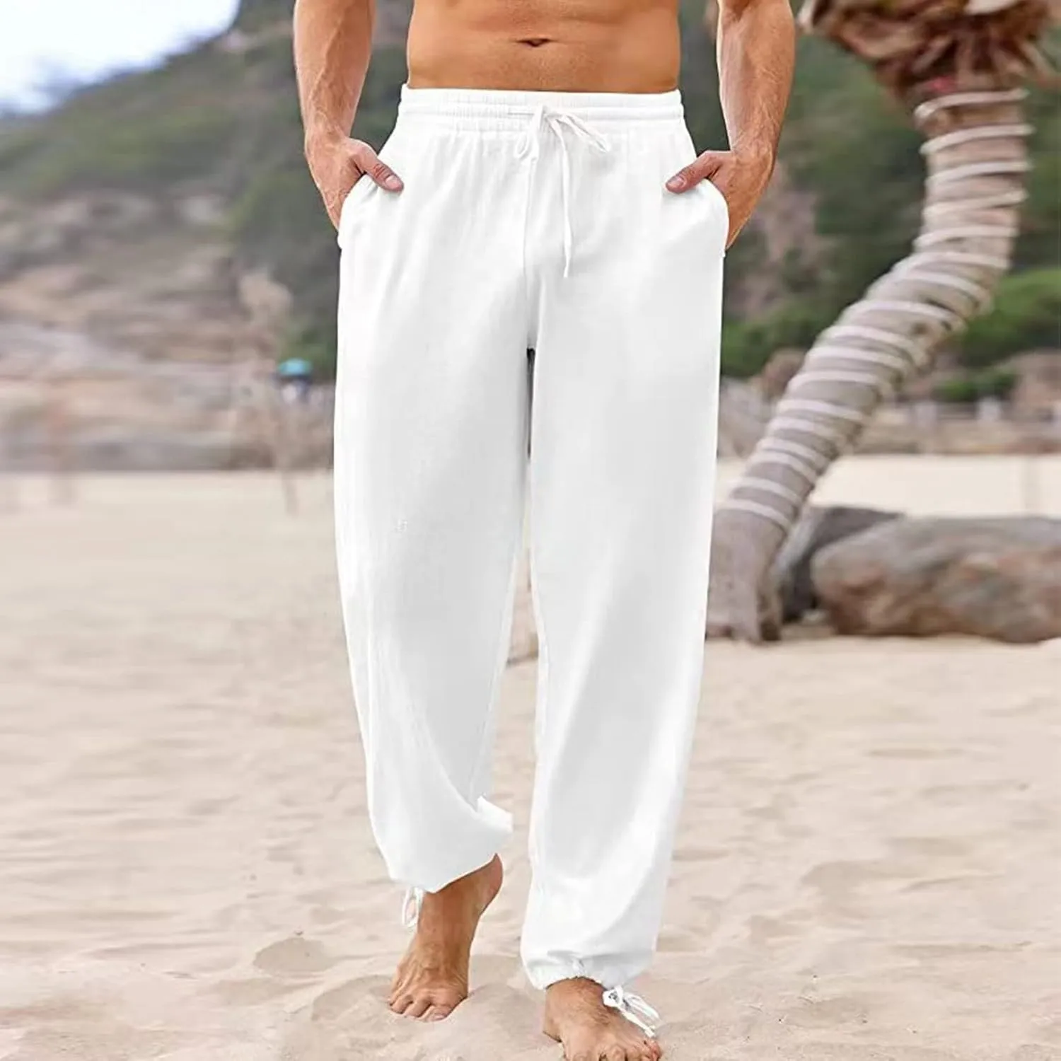 Men's Casual Linen Pants Mens Fashion Casual Solid Color Cotton and Linen Pants Elastic Waist Pants