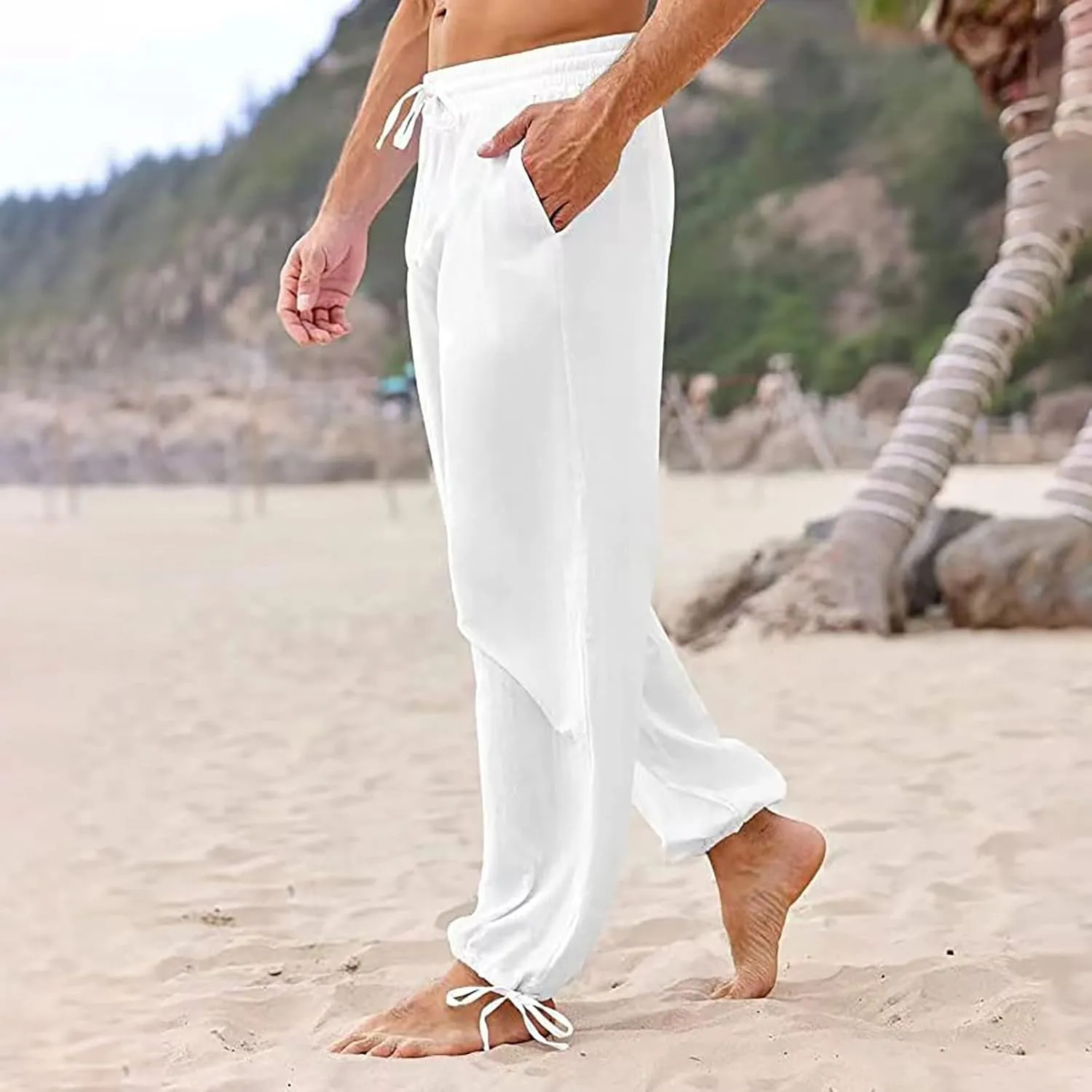 Men's Casual Linen Pants Mens Fashion Casual Solid Color Cotton and Linen Pants Elastic Waist Pants