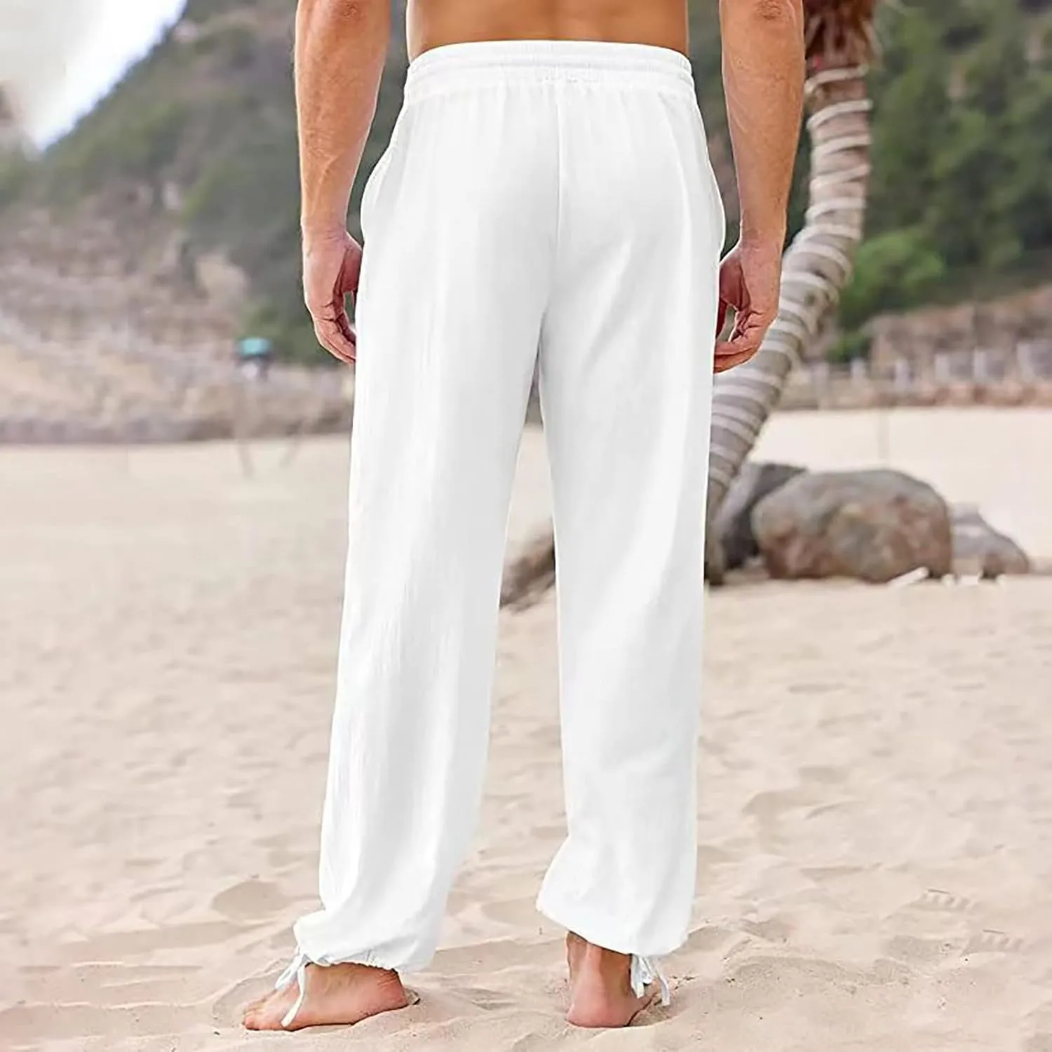Men's Casual Linen Pants Mens Fashion Casual Solid Color Cotton and Linen Pants Elastic Waist Pants