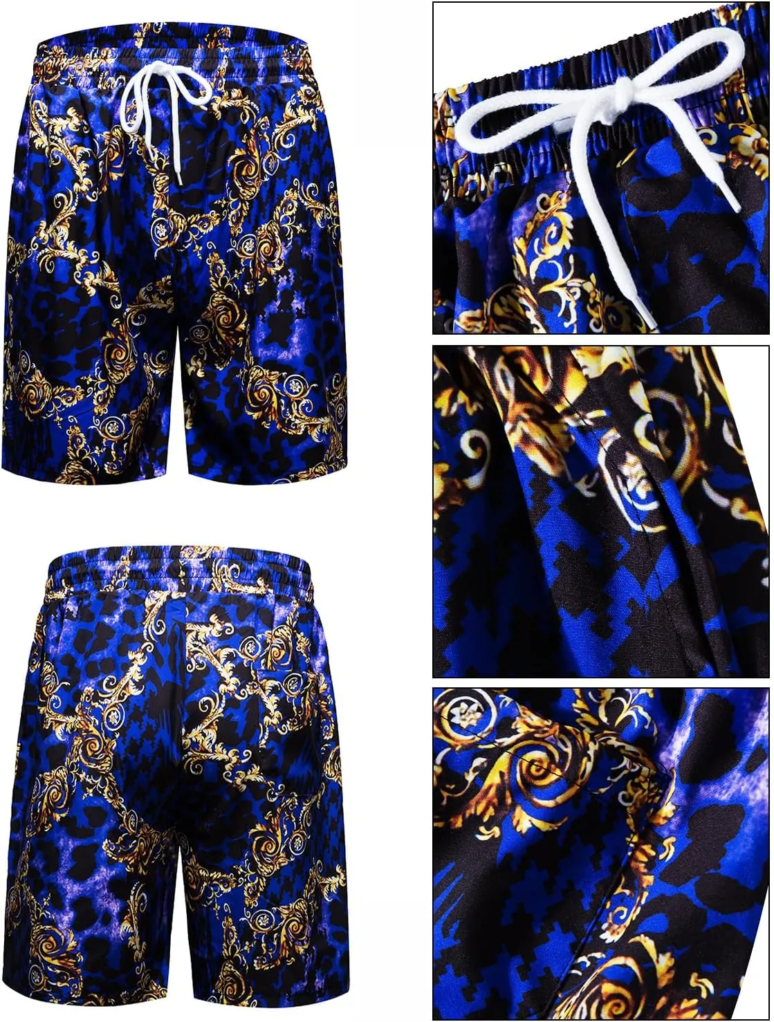 Mens Luxury Outfit Set Black Gold Shirts And Shorts 2 Piece Tracksuit Set Baroque Button Down Suit with Bucket Hats