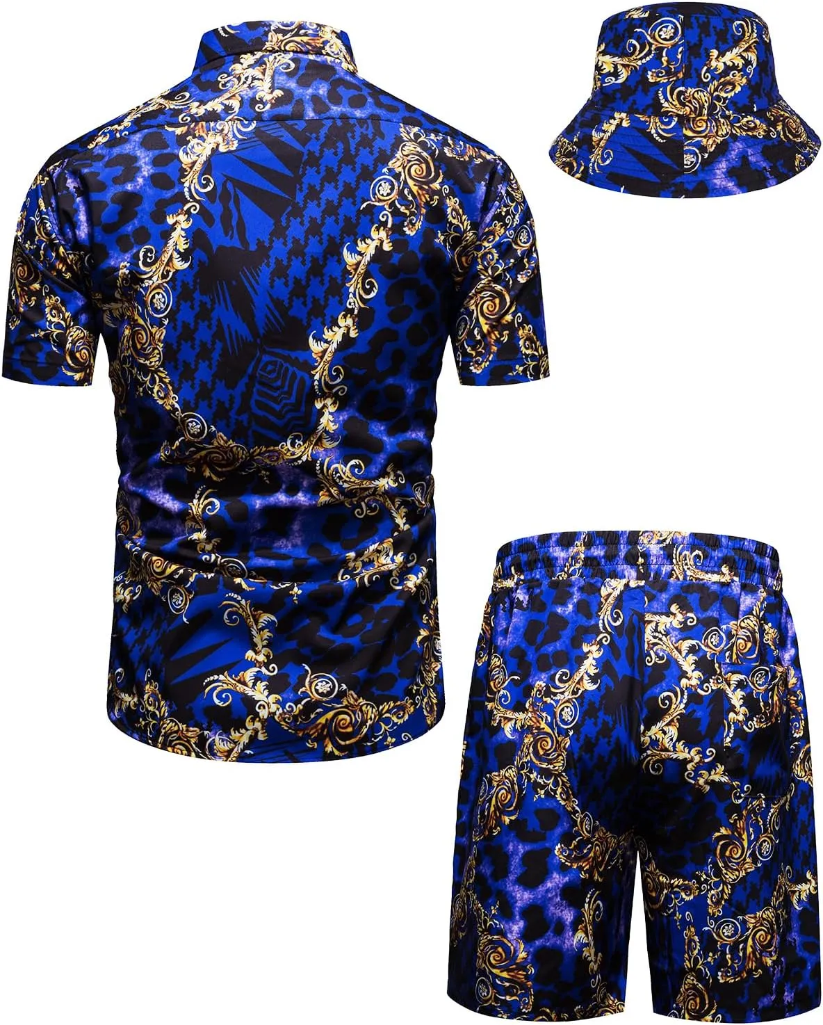 Mens Luxury Outfit Set Black Gold Shirts And Shorts 2 Piece Tracksuit Set Baroque Button Down Suit with Bucket Hats