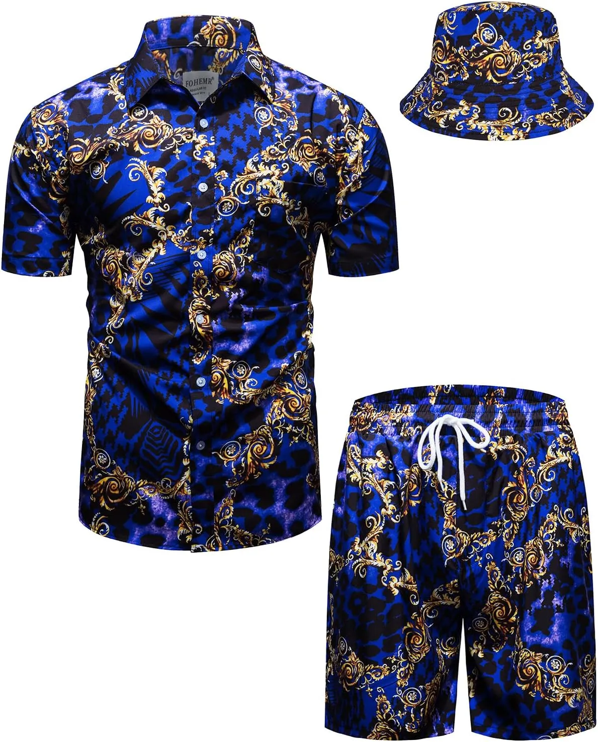 Mens Luxury Outfit Set Black Gold Shirts And Shorts 2 Piece Tracksuit Set Baroque Button Down Suit with Bucket Hats
