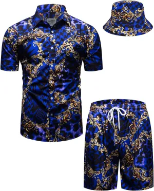 Mens Luxury Outfit Set Black Gold Shirts And Shorts 2 Piece Tracksuit Set Baroque Button Down Suit with Bucket Hats