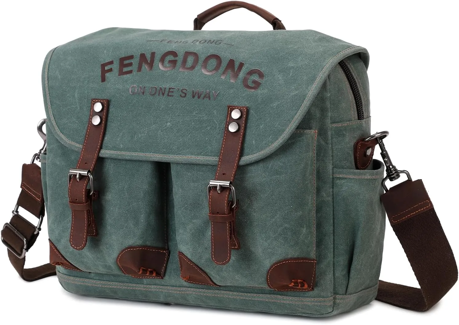 Mens Messenger Bag 15.6 Inch Vintage Waxed Canvas Genuine Leather Briefcase Leather Computer Laptop Bag Rugged Satchel Shoulder Bag Army Green