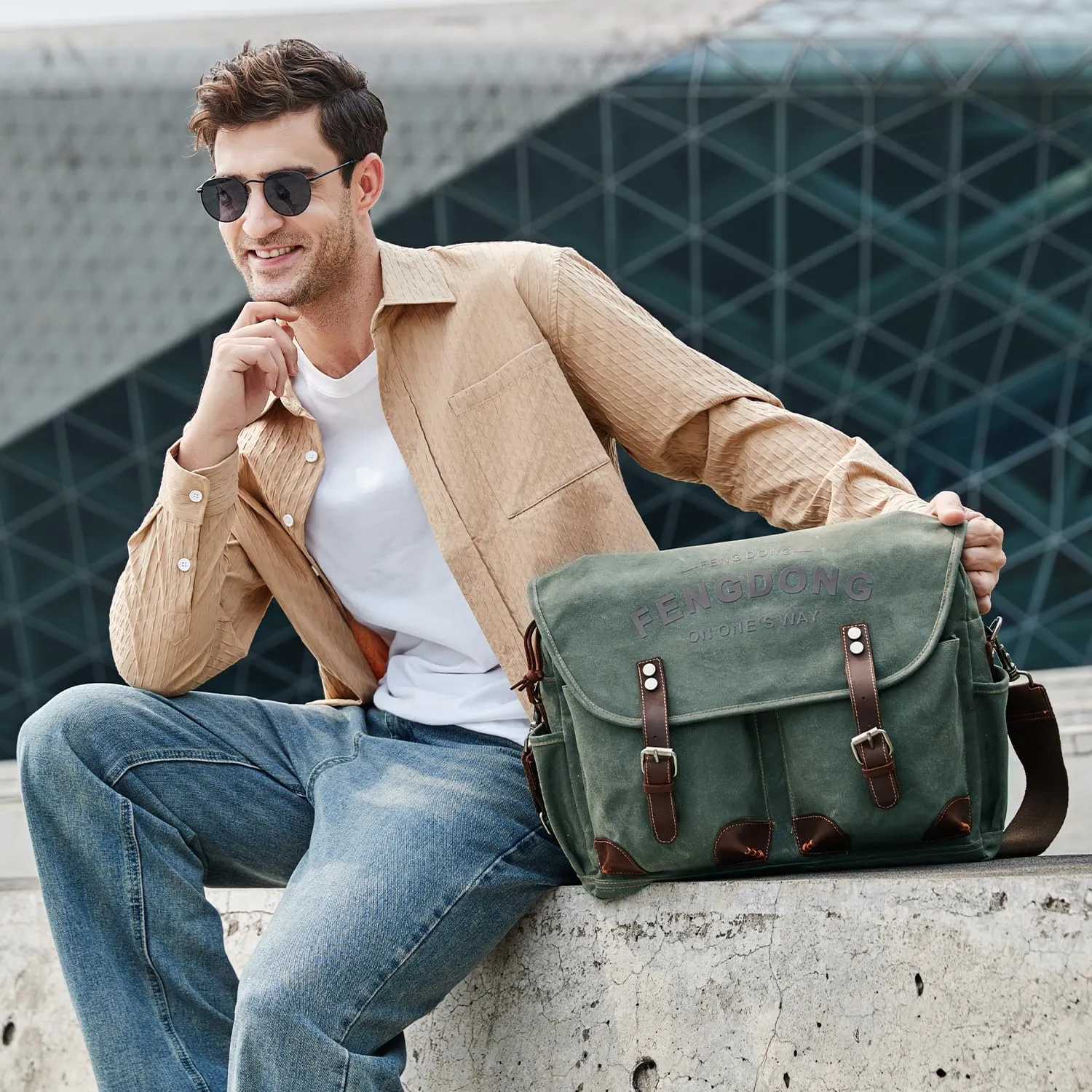 Mens Messenger Bag 15.6 Inch Vintage Waxed Canvas Genuine Leather Briefcase Leather Computer Laptop Bag Rugged Satchel Shoulder Bag Army Green