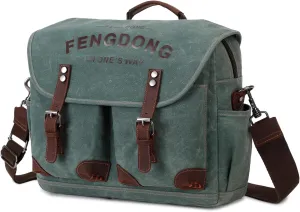 Mens Messenger Bag 15.6 Inch Vintage Waxed Canvas Genuine Leather Briefcase Leather Computer Laptop Bag Rugged Satchel Shoulder Bag Army Green