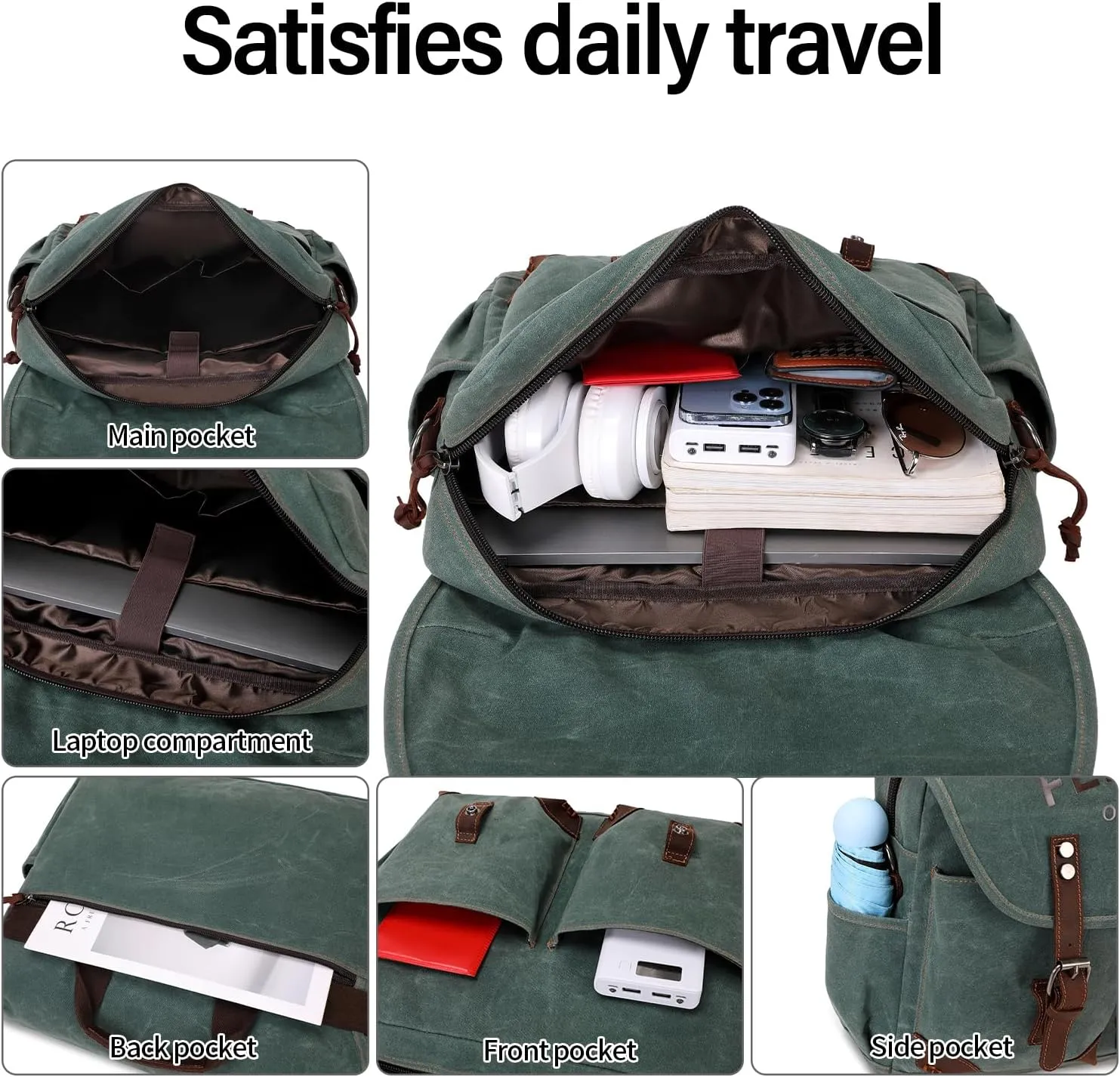 Mens Messenger Bag 15.6 Inch Vintage Waxed Canvas Genuine Leather Briefcase Leather Computer Laptop Bag Rugged Satchel Shoulder Bag Army Green