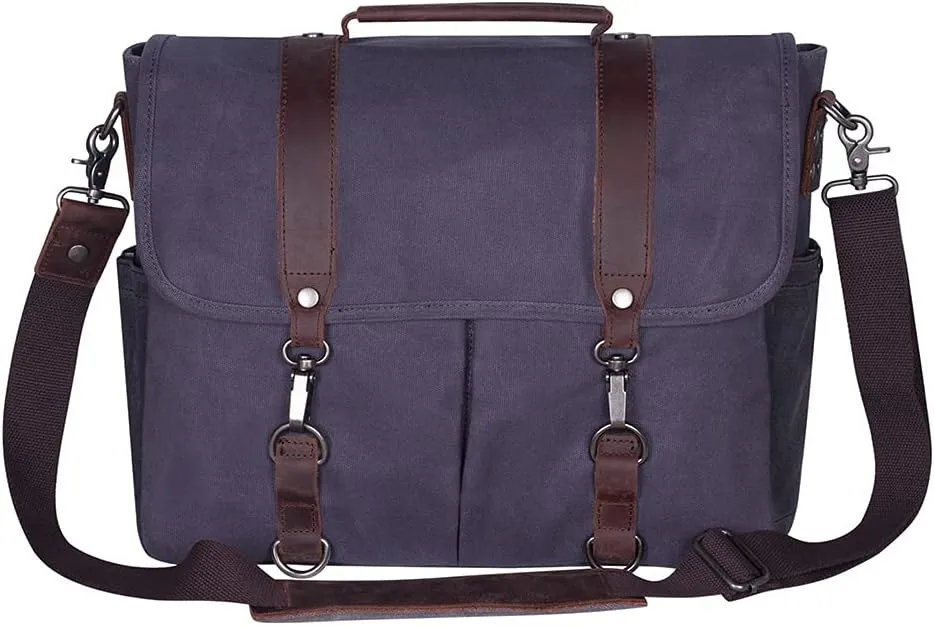 Mens Messenger Bag Waterproof Vintage Genuine Leather Waxed Canvas Briefcase Large Satchel Shoulder Bag Laptop Bag
