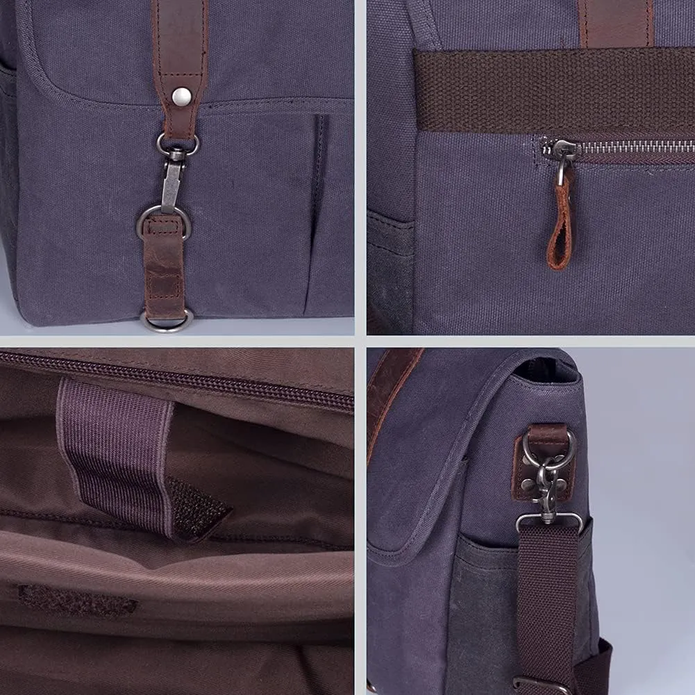 Mens Messenger Bag Waterproof Vintage Genuine Leather Waxed Canvas Briefcase Large Satchel Shoulder Bag Laptop Bag