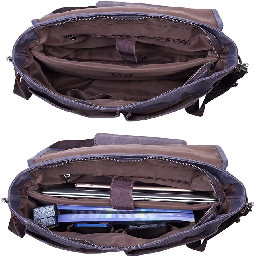 Mens Messenger Bag Waterproof Vintage Genuine Leather Waxed Canvas Briefcase Large Satchel Shoulder Bag Laptop Bag