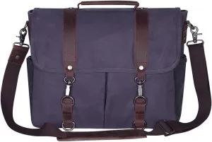 Mens Messenger Bag Waterproof Vintage Genuine Leather Waxed Canvas Briefcase Large Satchel Shoulder Bag Laptop Bag