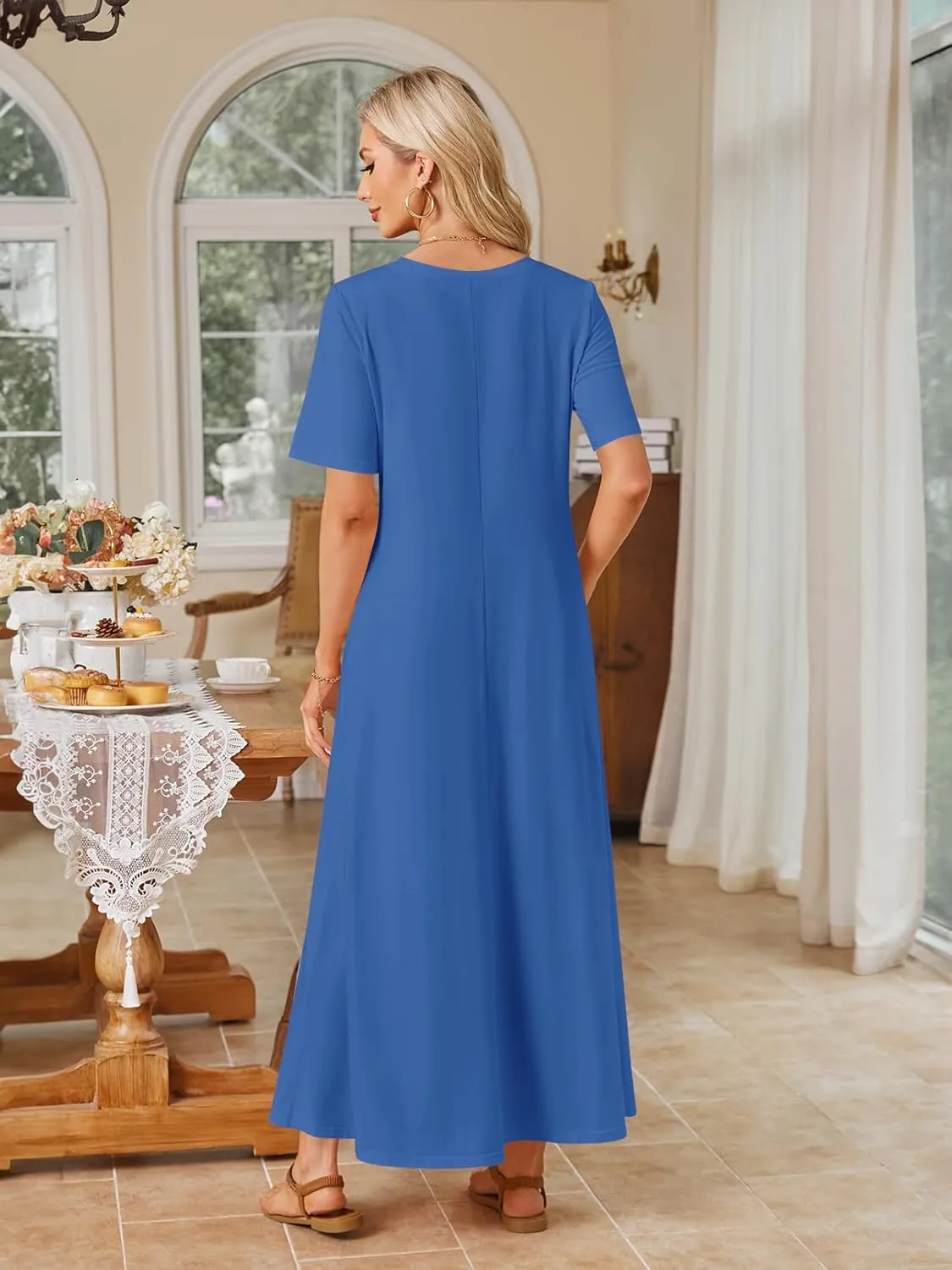 MEROKEETY Women's 2025 Spring Summer Casual Maxi Dress Beach Vacation Short Sleeve Crewneck Basic Long T Shirt Dresses
