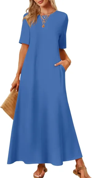 MEROKEETY Women's 2025 Spring Summer Casual Maxi Dress Beach Vacation Short Sleeve Crewneck Basic Long T Shirt Dresses