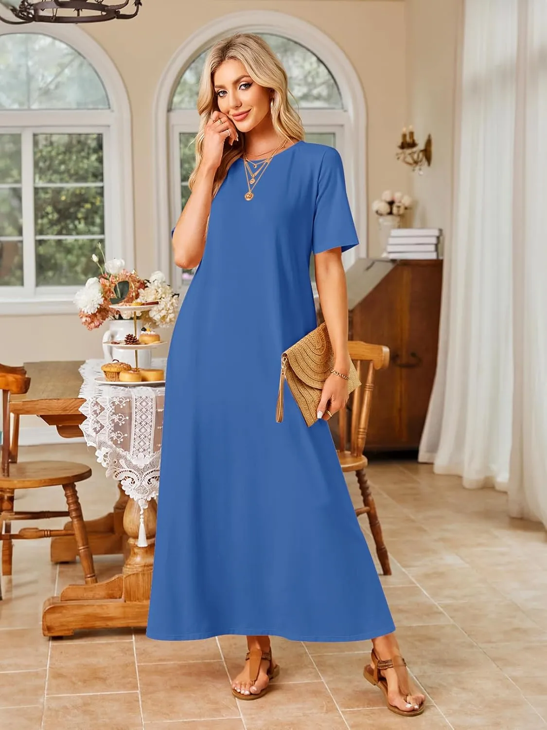 MEROKEETY Women's 2025 Spring Summer Casual Maxi Dress Beach Vacation Short Sleeve Crewneck Basic Long T Shirt Dresses