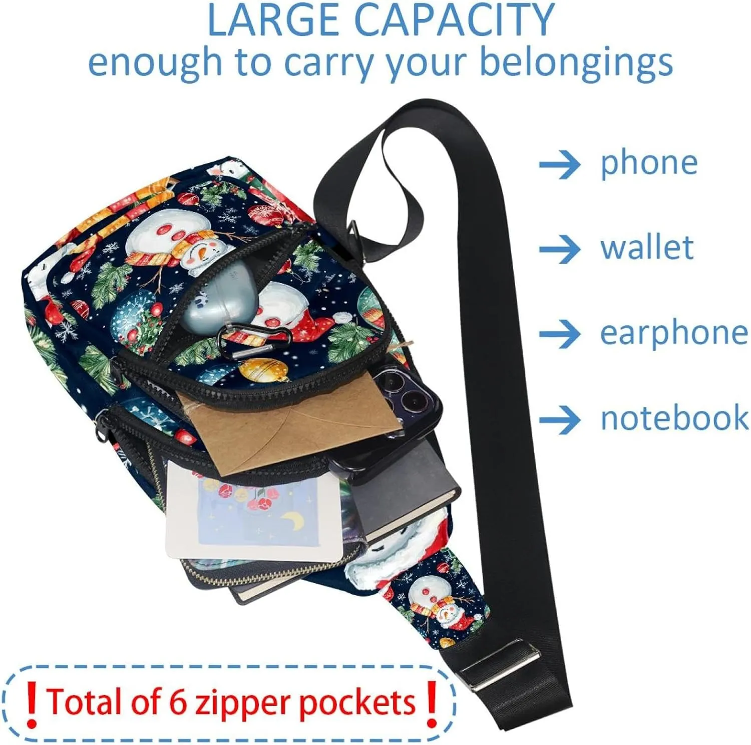 Merry Christmas Snowman Crossbody Bag with Adjustable Shoulder Strap, Shoulder Bag for Men and Women Sling Backpack for Travel, Cycling, Work, Sport