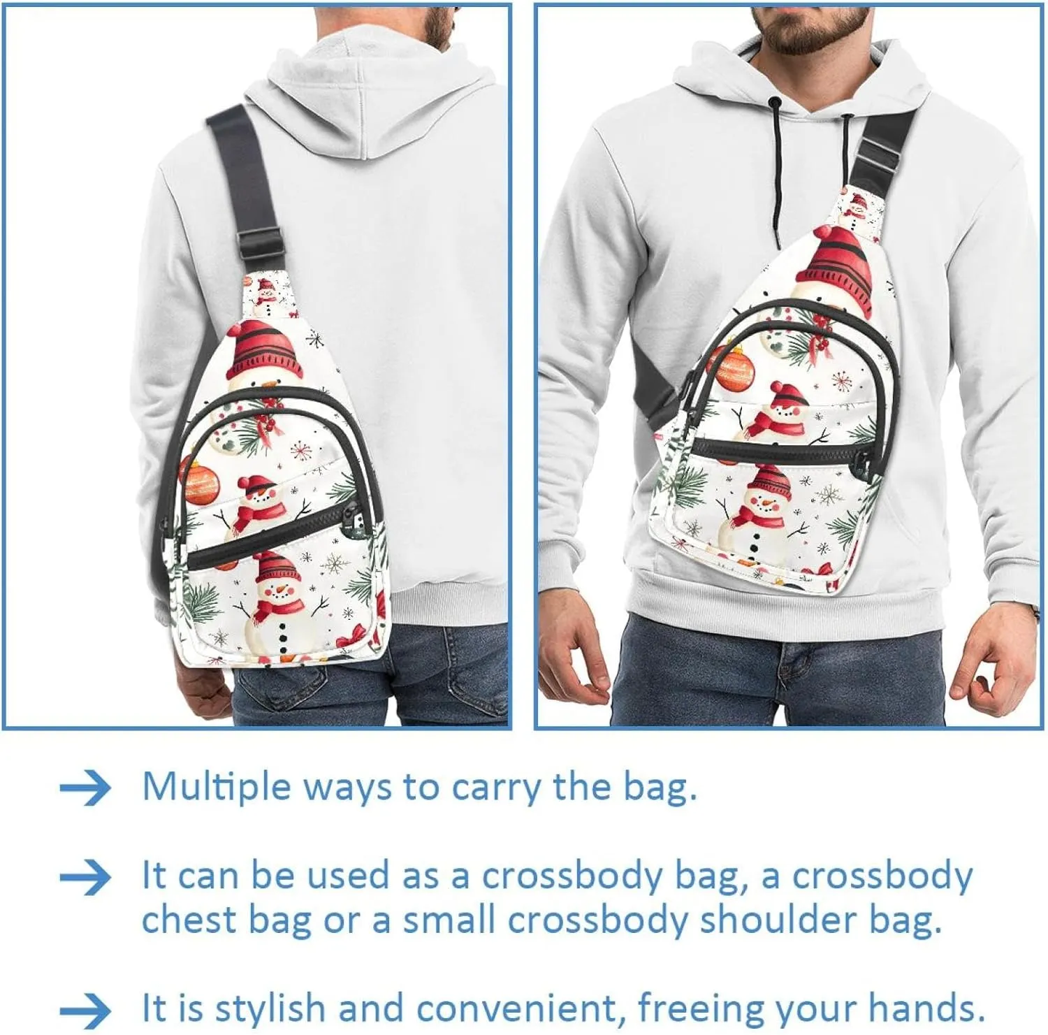 Merry Christmas Snowman Crossbody Bag with Adjustable Shoulder Strap, Shoulder Bag for Men and Women Sling Backpack for Travel, Cycling, Work, Sport