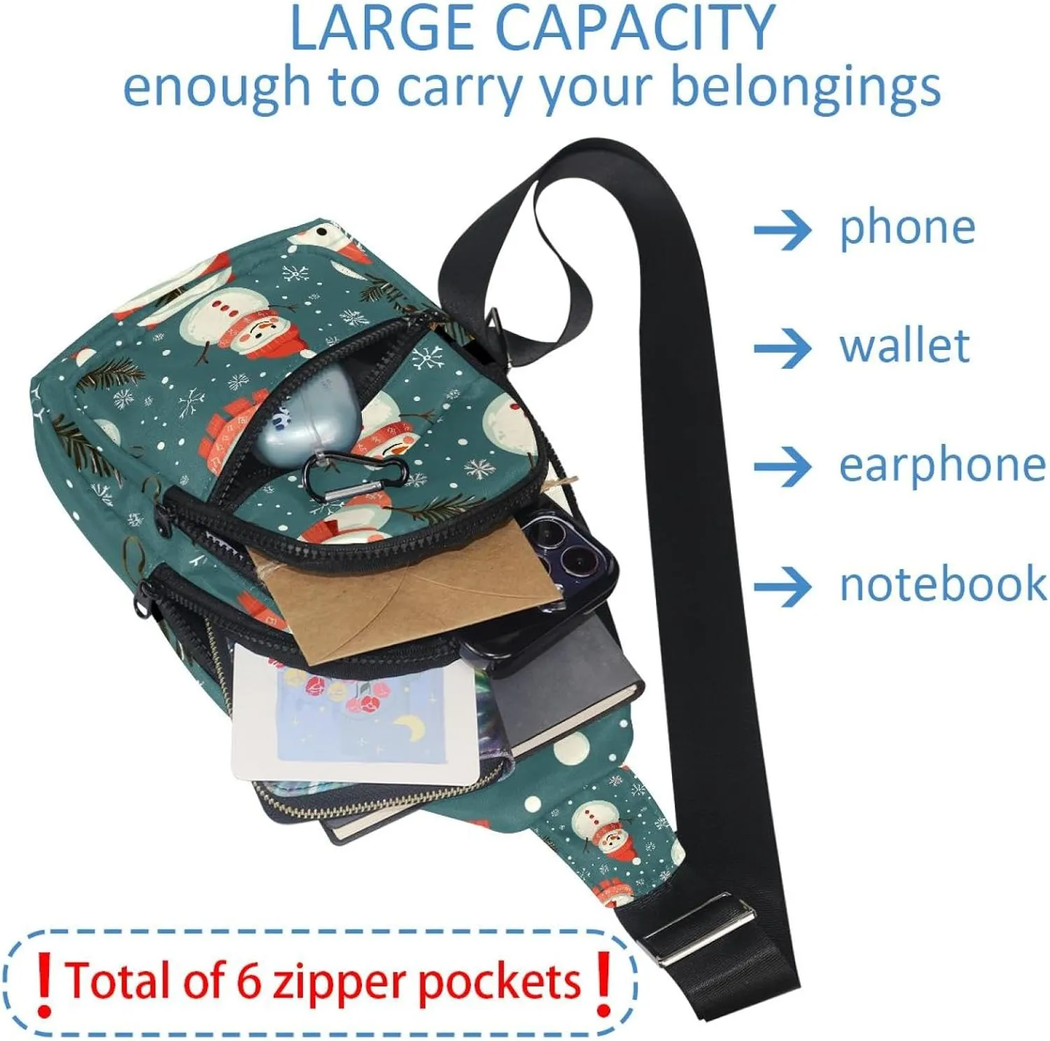 Merry Christmas Snowman Crossbody Bag with Adjustable Shoulder Strap, Shoulder Bag for Men and Women Sling Backpack for Travel, Cycling, Work, Sport