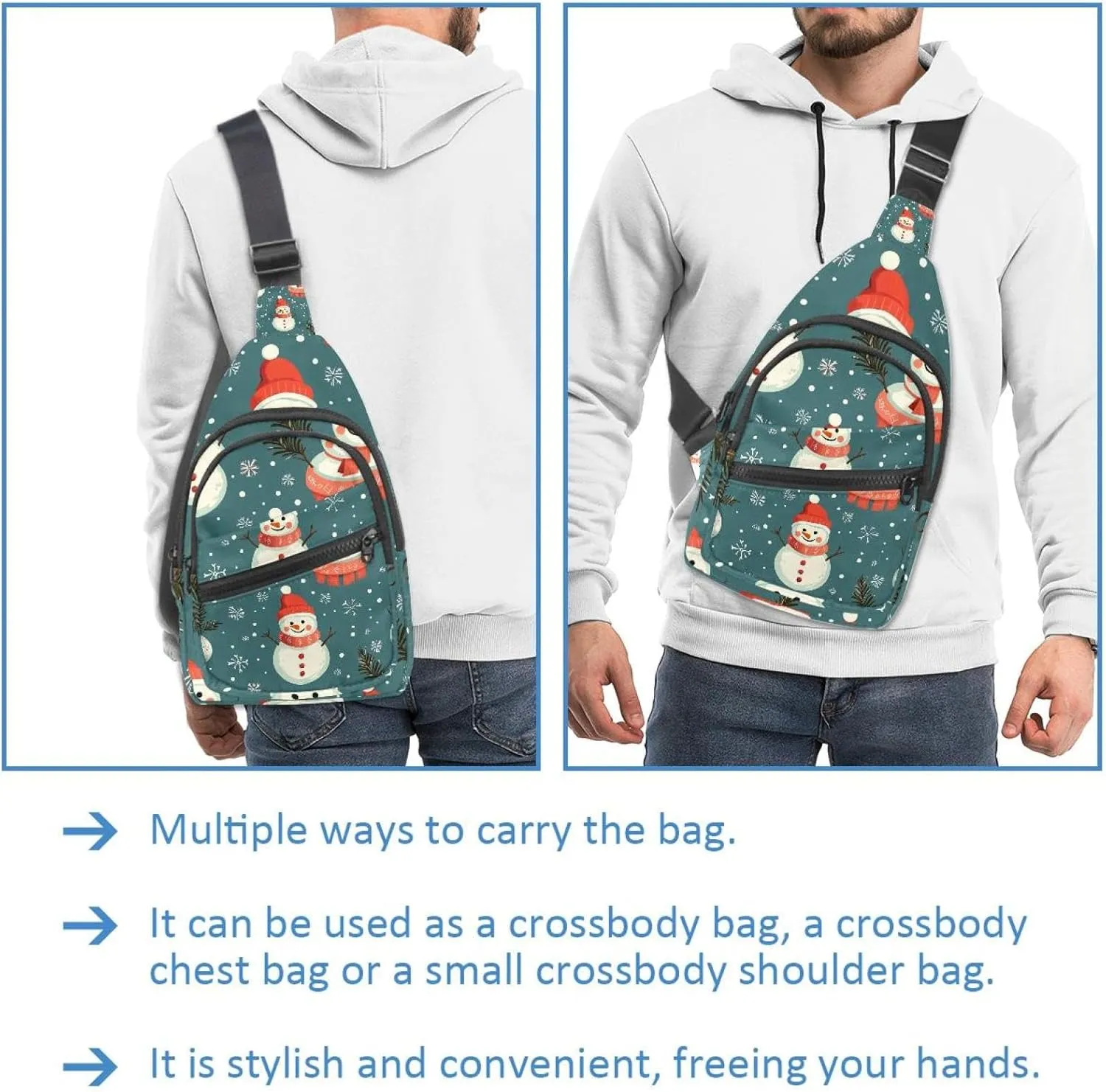 Merry Christmas Snowman Crossbody Bag with Adjustable Shoulder Strap, Shoulder Bag for Men and Women Sling Backpack for Travel, Cycling, Work, Sport