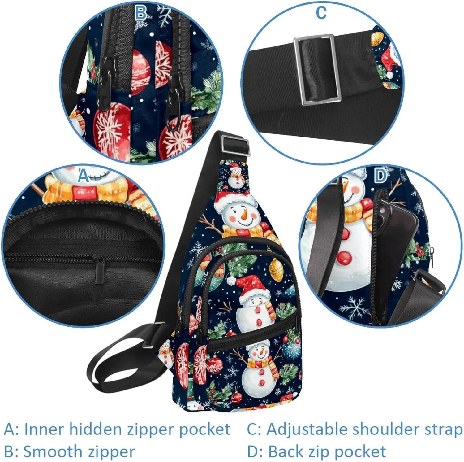 Merry Christmas Snowman Crossbody Bag with Adjustable Shoulder Strap, Shoulder Bag for Men and Women Sling Backpack for Travel, Cycling, Work, Sport