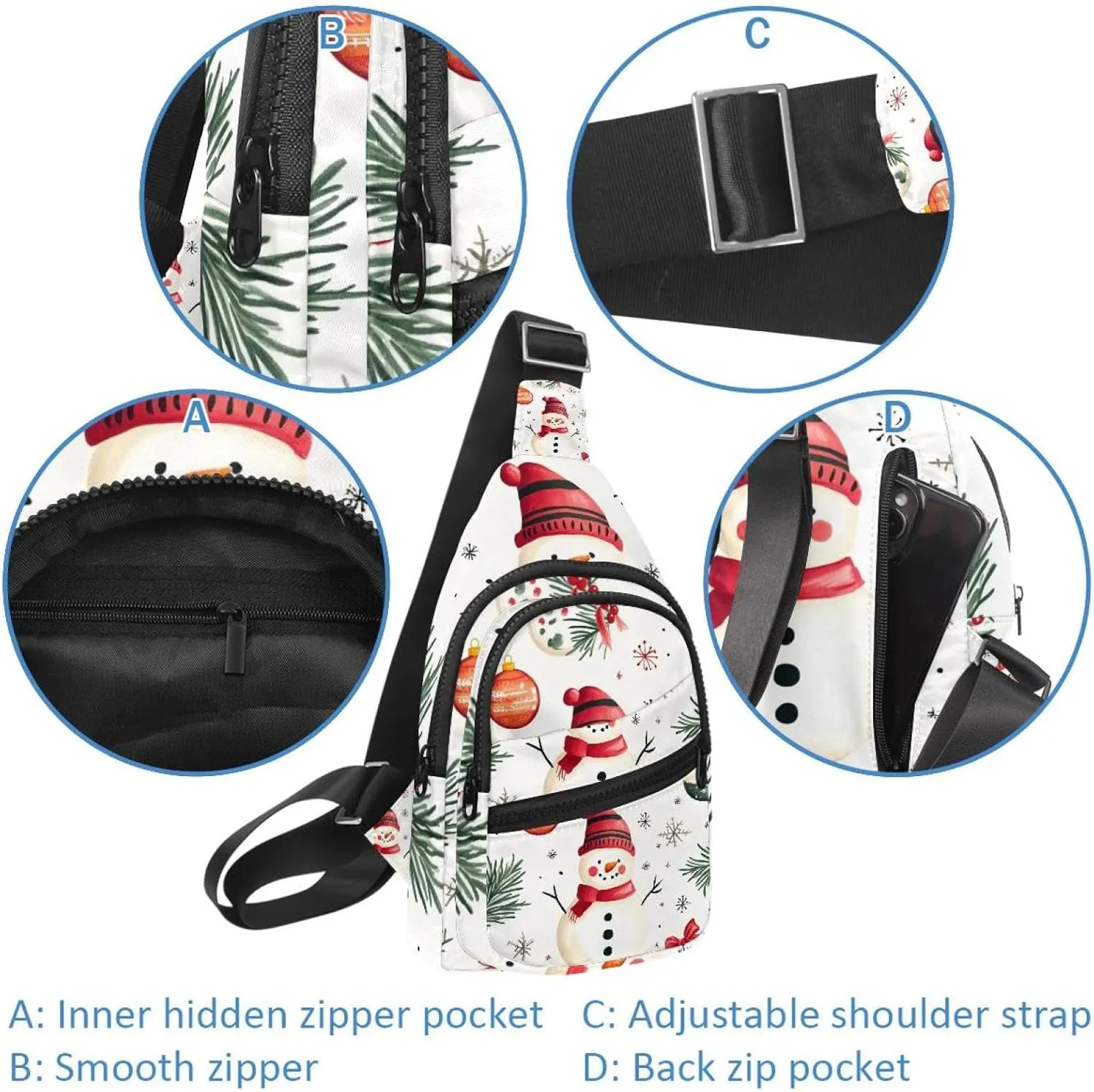 Merry Christmas Snowman Crossbody Bag with Adjustable Shoulder Strap, Shoulder Bag for Men and Women Sling Backpack for Travel, Cycling, Work, Sport