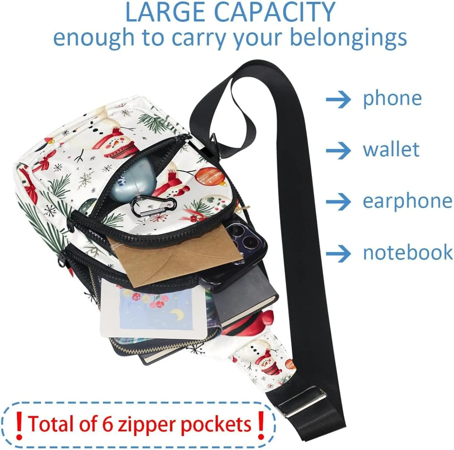 Merry Christmas Snowman Crossbody Bag with Adjustable Shoulder Strap, Shoulder Bag for Men and Women Sling Backpack for Travel, Cycling, Work, Sport