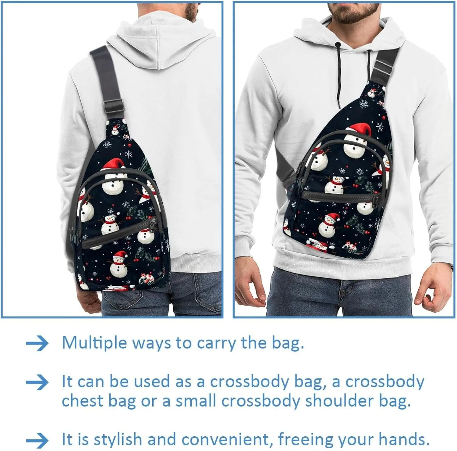 Merry Christmas Snowman Crossbody Bag with Adjustable Shoulder Strap, Shoulder Bag for Men and Women Sling Backpack for Travel, Cycling, Work, Sport