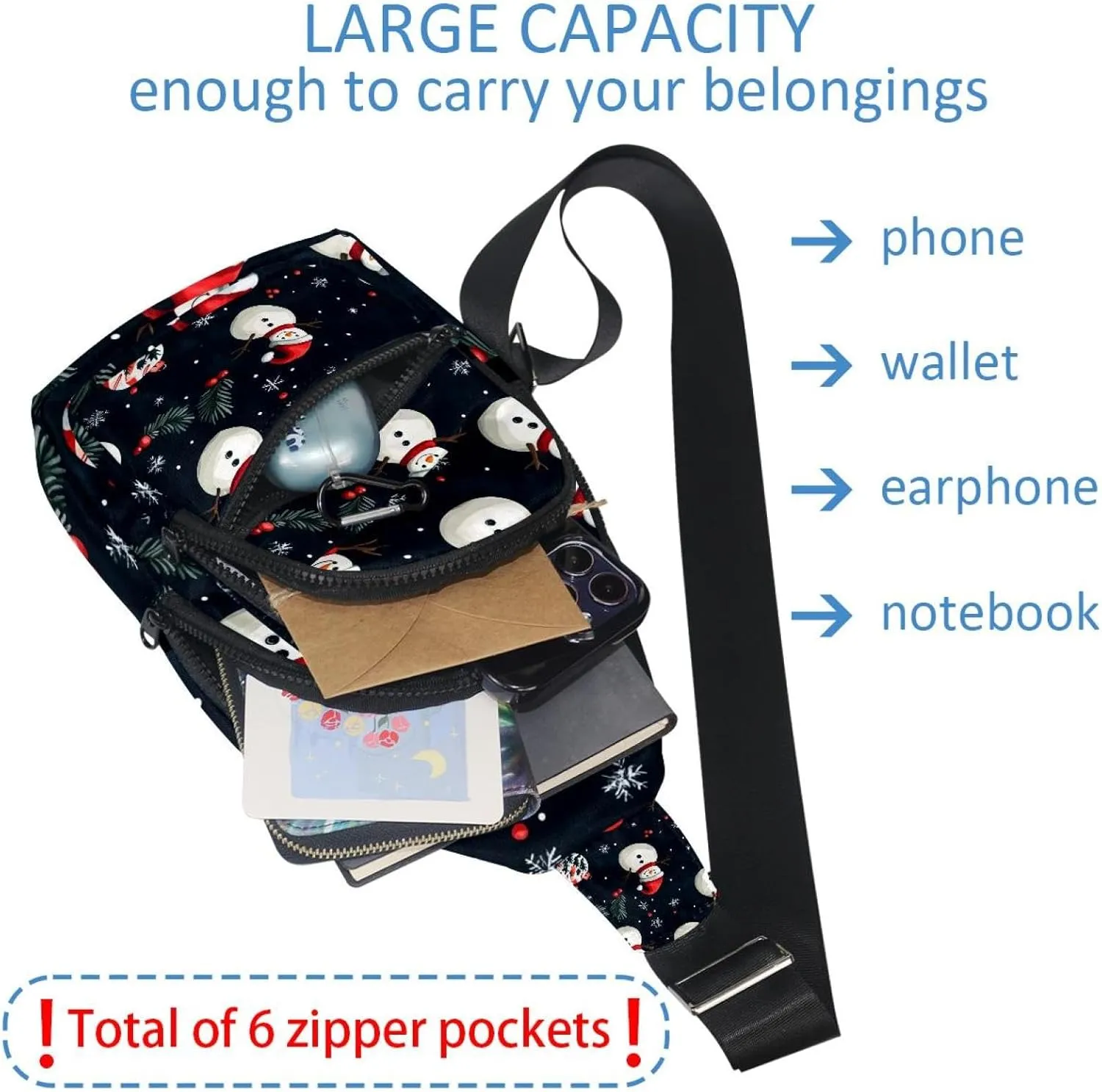 Merry Christmas Snowman Crossbody Bag with Adjustable Shoulder Strap, Shoulder Bag for Men and Women Sling Backpack for Travel, Cycling, Work, Sport