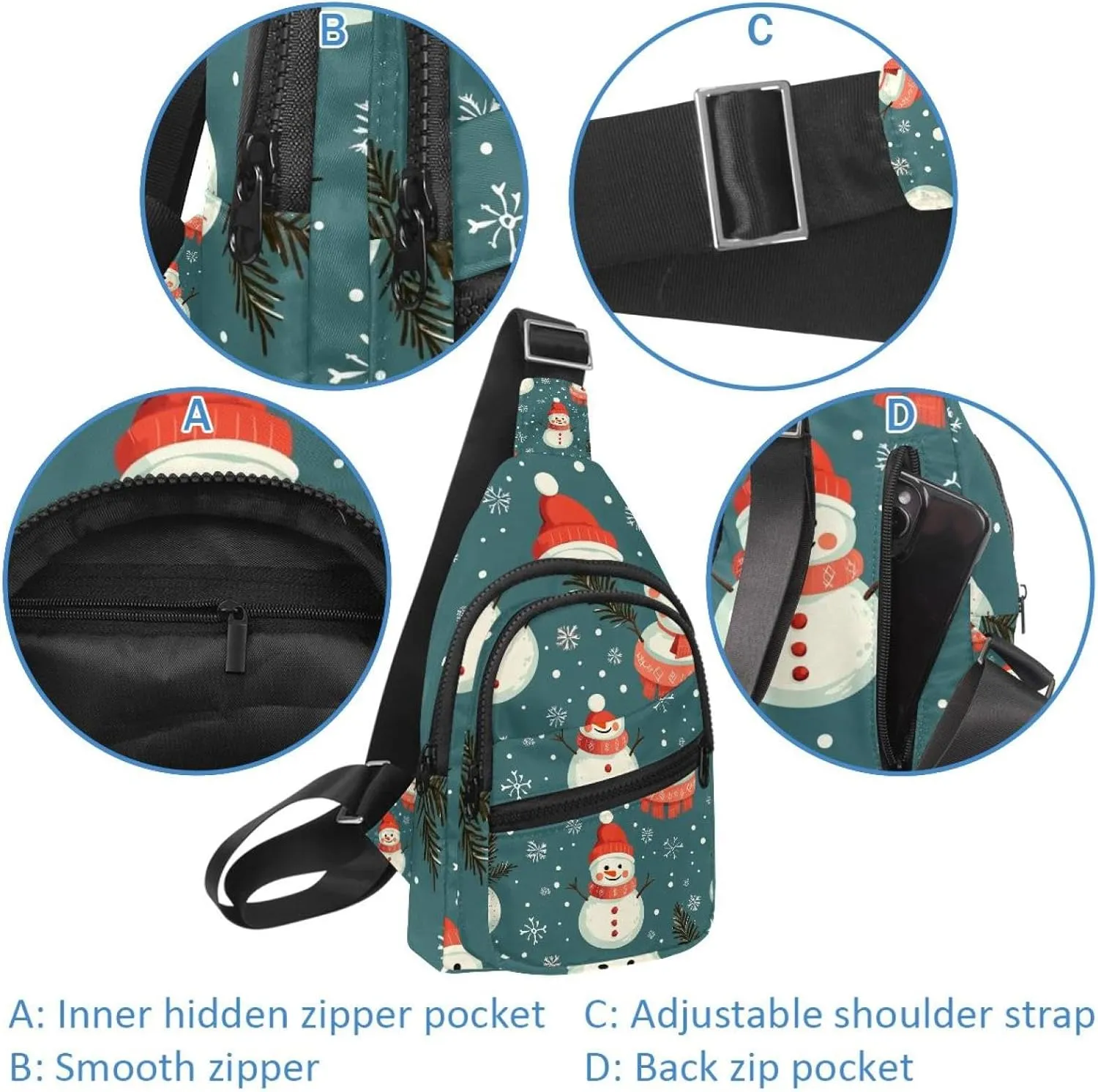 Merry Christmas Snowman Crossbody Bag with Adjustable Shoulder Strap, Shoulder Bag for Men and Women Sling Backpack for Travel, Cycling, Work, Sport