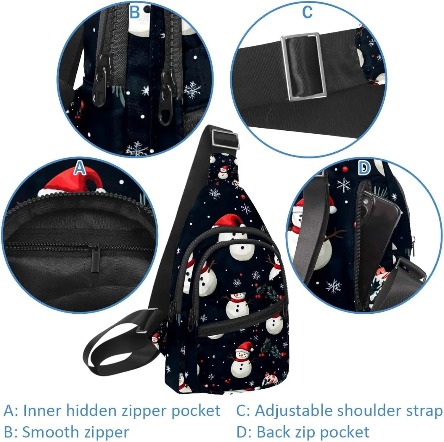 Merry Christmas Snowman Crossbody Bag with Adjustable Shoulder Strap, Shoulder Bag for Men and Women Sling Backpack for Travel, Cycling, Work, Sport