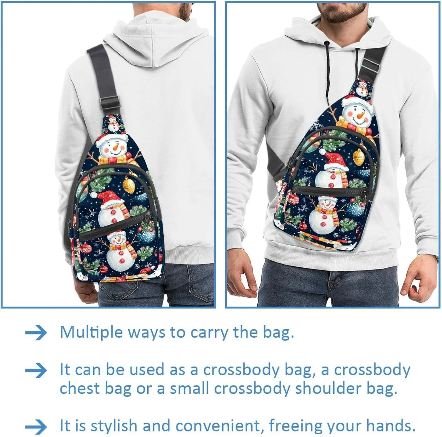 Merry Christmas Snowman Crossbody Bag with Adjustable Shoulder Strap, Shoulder Bag for Men and Women Sling Backpack for Travel, Cycling, Work, Sport