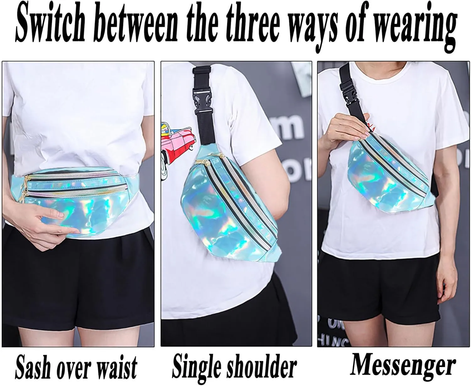 Metallic Color Holographic Fanny Pack Shiny Waist Packs Waterproof Belt Bag with Adjustable Belt for Women Men (Blue)