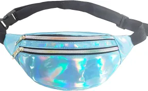 Metallic Color Holographic Fanny Pack Shiny Waist Packs Waterproof Belt Bag with Adjustable Belt for Women Men (Blue)