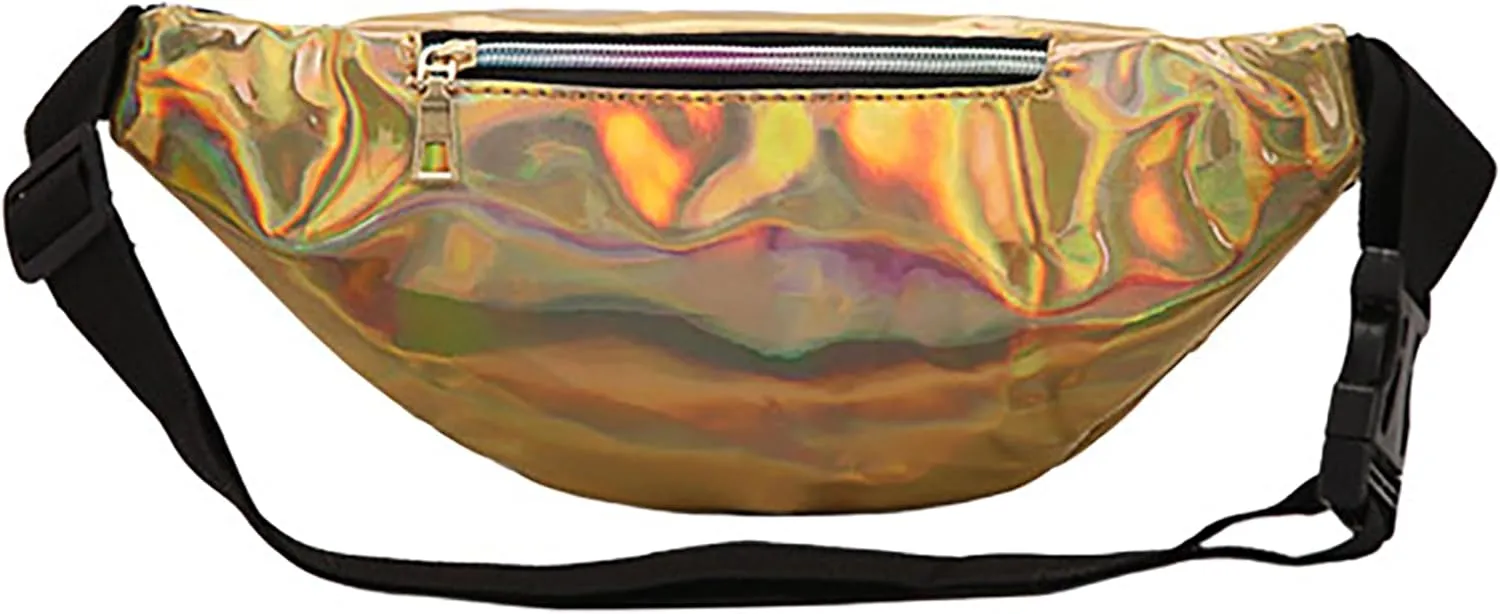 Metallic Color Holographic Fanny Pack Shiny Waist Packs Waterproof Belt Bag with Adjustable Belt for Women Men (Gold)