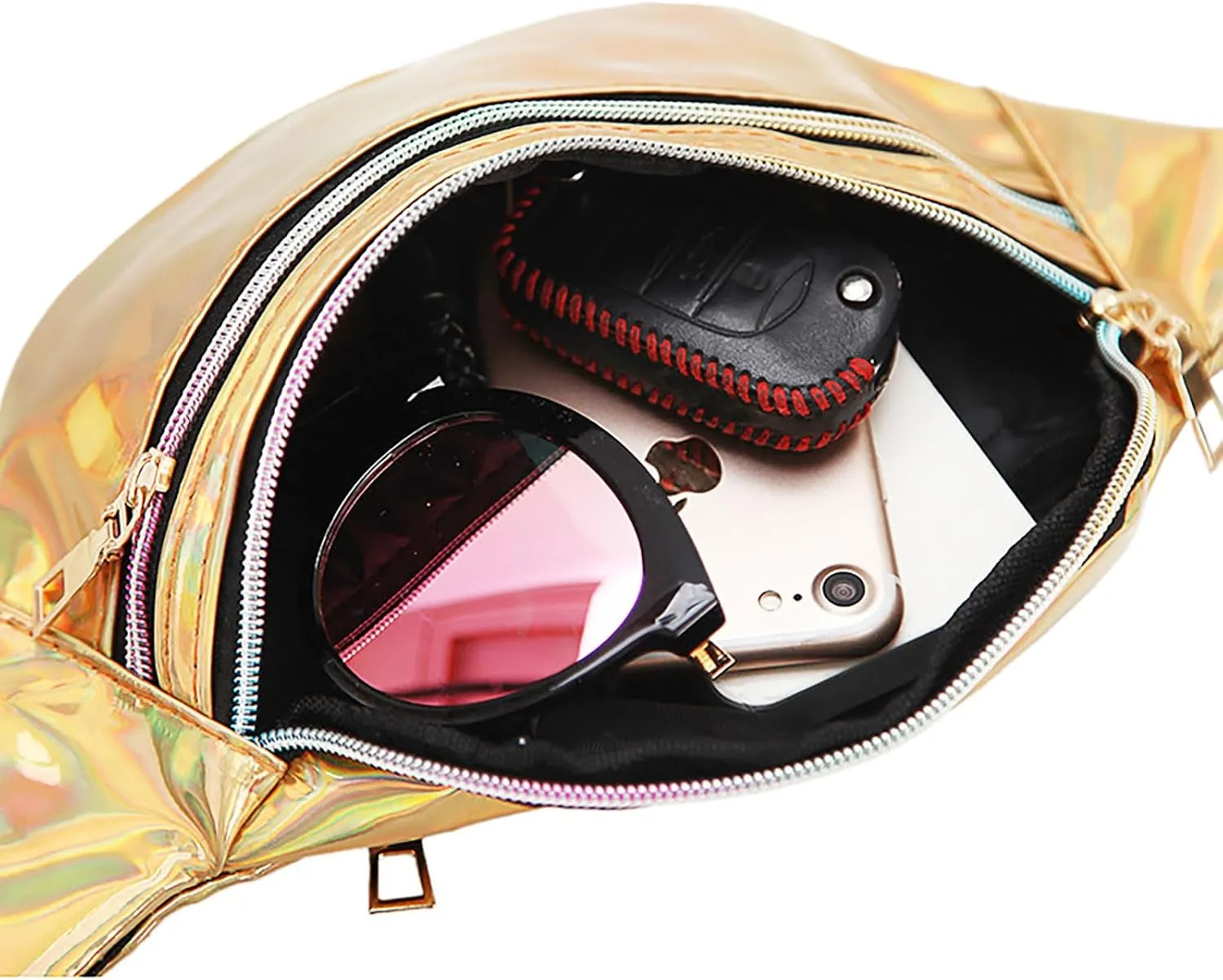 Metallic Color Holographic Fanny Pack Shiny Waist Packs Waterproof Belt Bag with Adjustable Belt for Women Men (Gold)