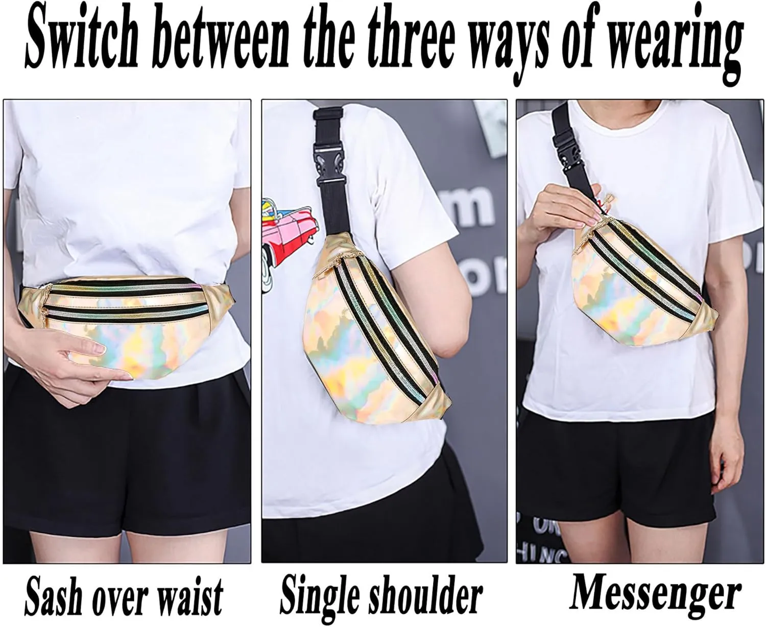 Metallic Color Holographic Fanny Pack Shiny Waist Packs Waterproof Belt Bag with Adjustable Belt for Women Men (Gold)