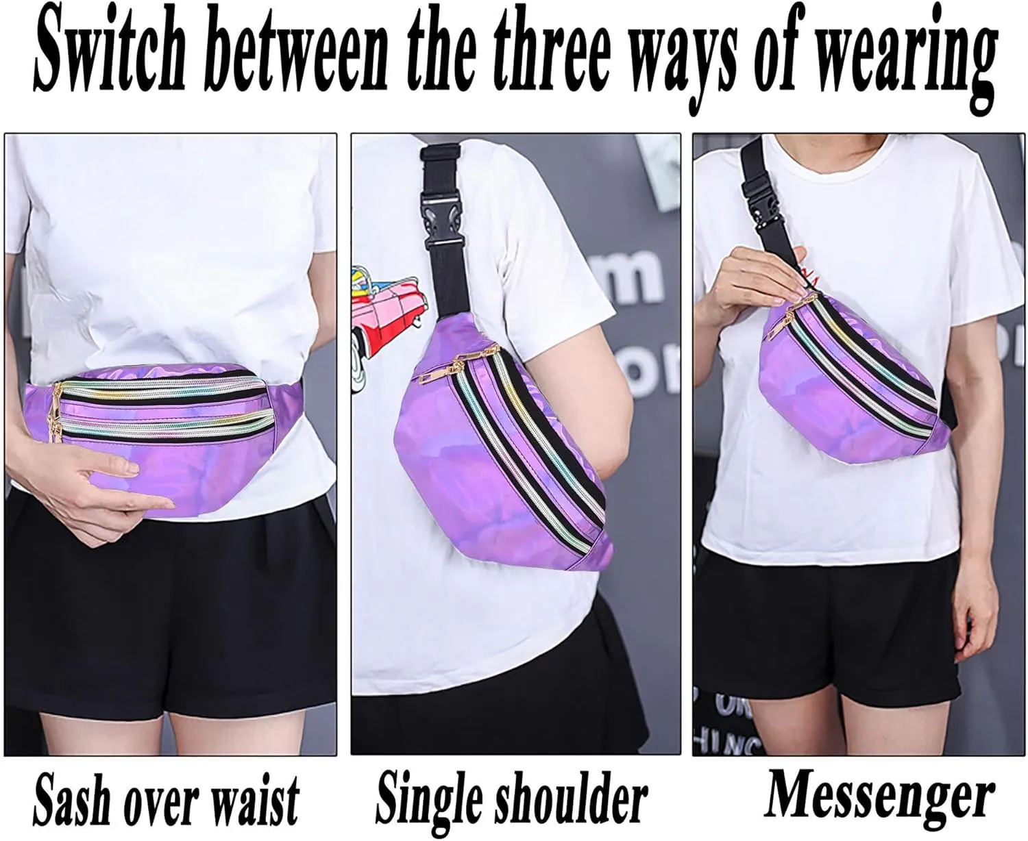 Metallic Color Holographic Fanny Pack Shiny Waist Packs Waterproof Belt Bag with Adjustable Belt for Women Men (Purple)