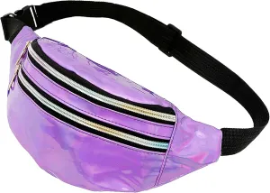 Metallic Color Holographic Fanny Pack Shiny Waist Packs Waterproof Belt Bag with Adjustable Belt for Women Men (Purple)