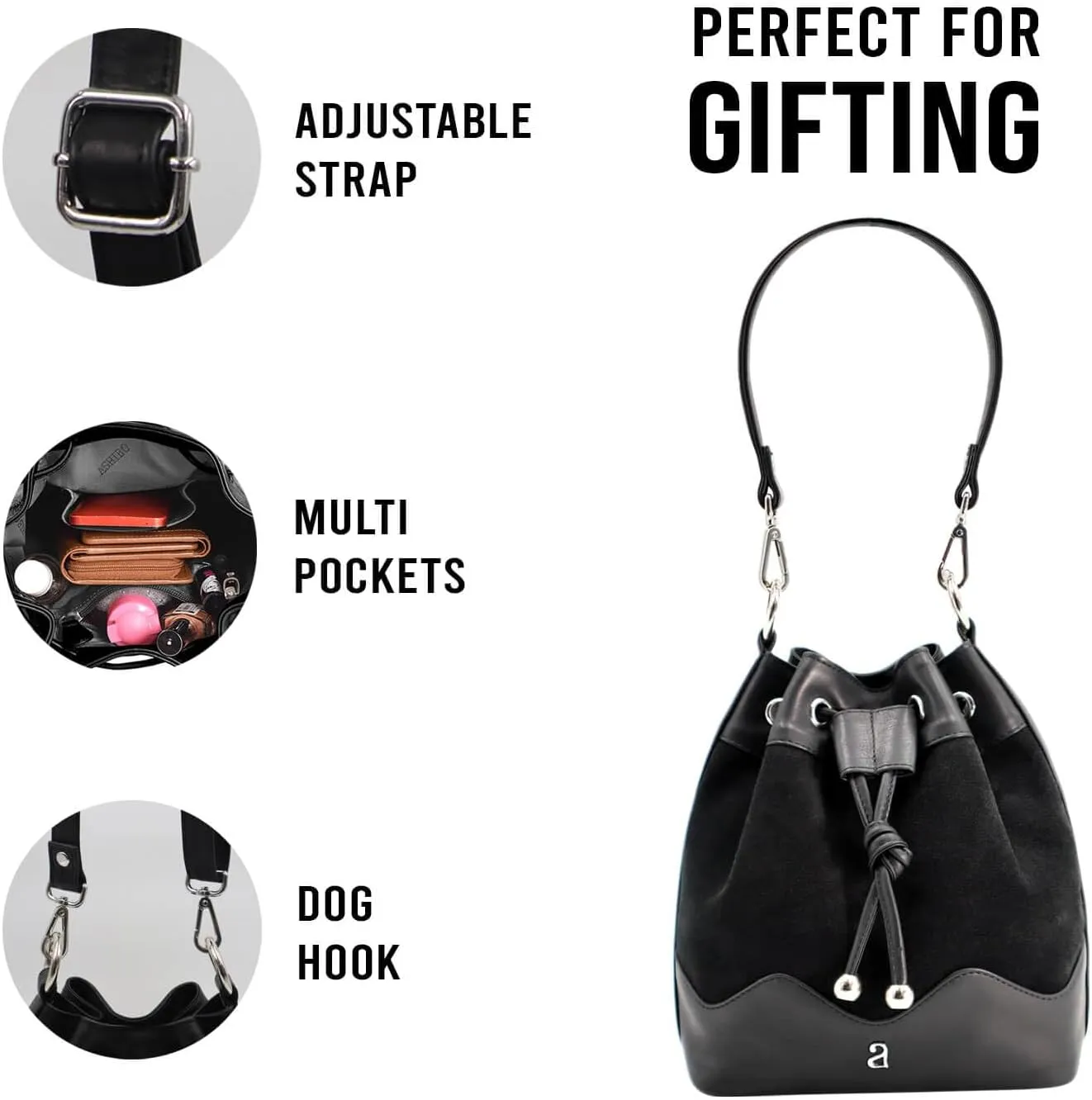 Mini Bucket Bag For Women Girls Genuine Leather Drawstring Handbag Tote Crossbody Hobo Shoulder Bag