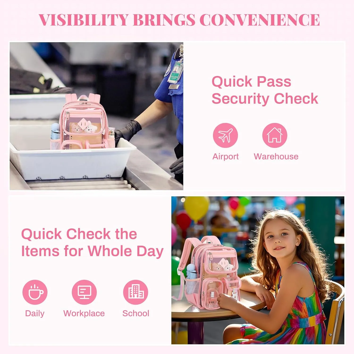 Mini Clear Backpack for Stadium Events Clear Bag Small Transparent Bookbag for Kids Girls with Thicken Shoulder Straps for Concert, Sporting Events, Festival, Pink