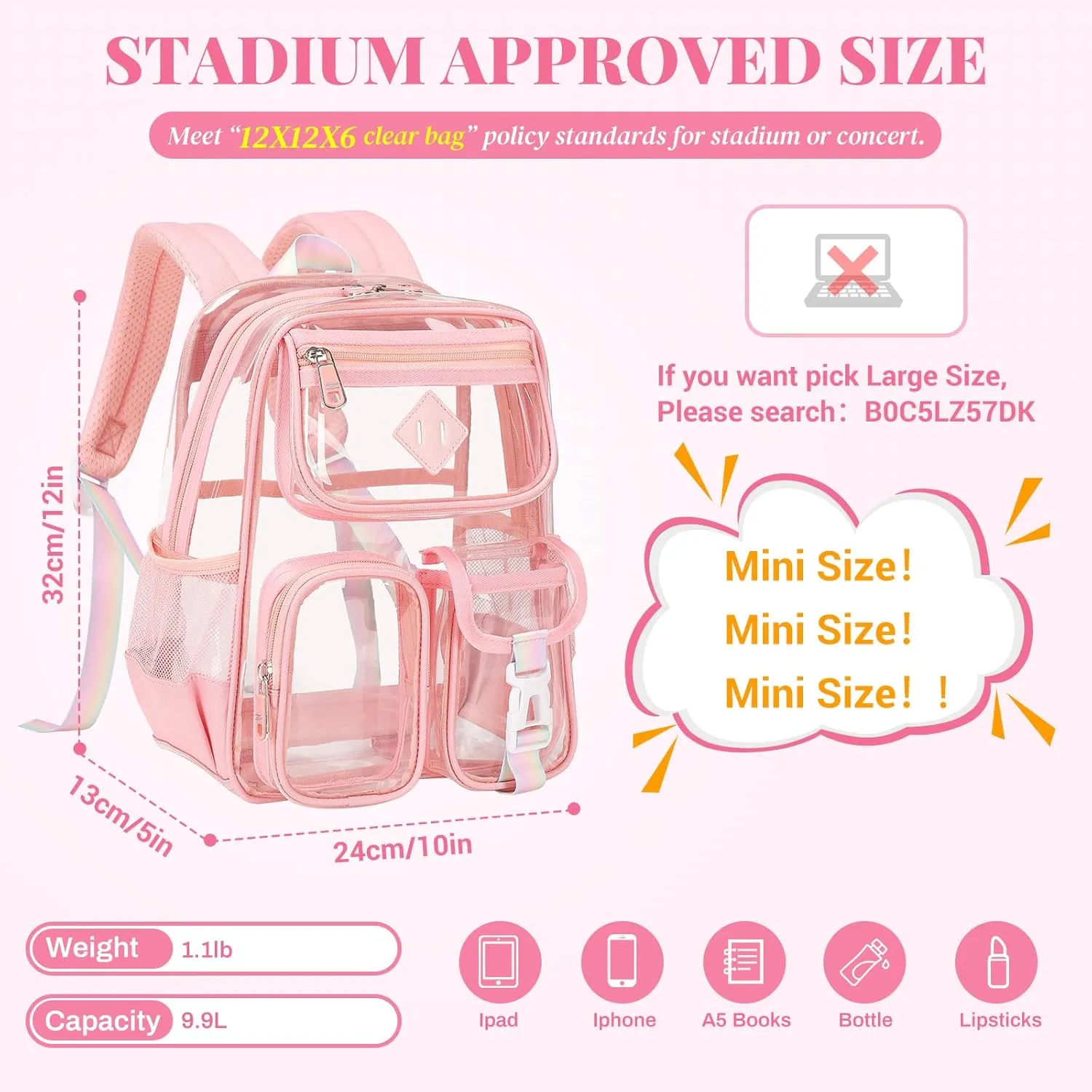 Mini Clear Backpack for Stadium Events Clear Bag Small Transparent Bookbag for Kids Girls with Thicken Shoulder Straps for Concert, Sporting Events, Festival, Pink