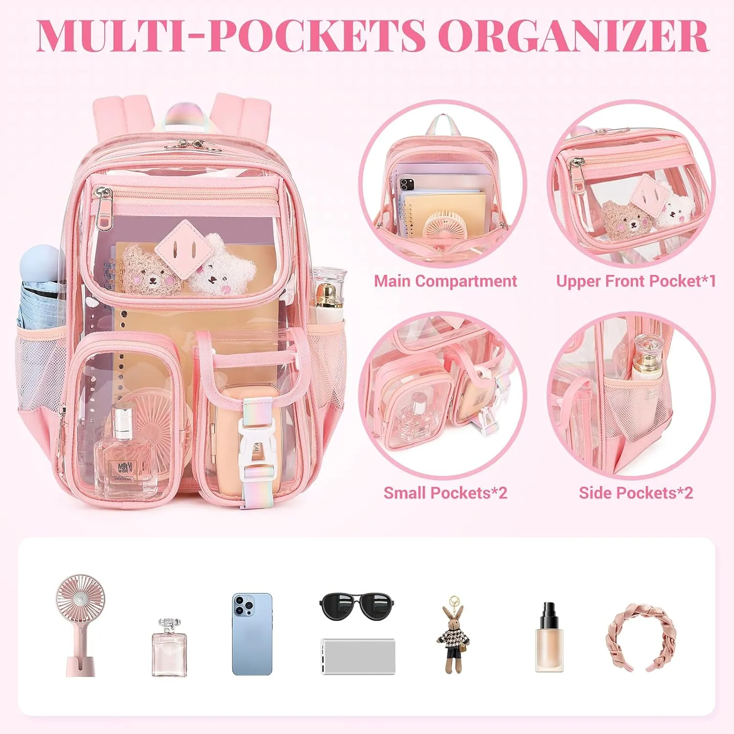 Mini Clear Backpack for Stadium Events Clear Bag Small Transparent Bookbag for Kids Girls with Thicken Shoulder Straps for Concert, Sporting Events, Festival, Pink