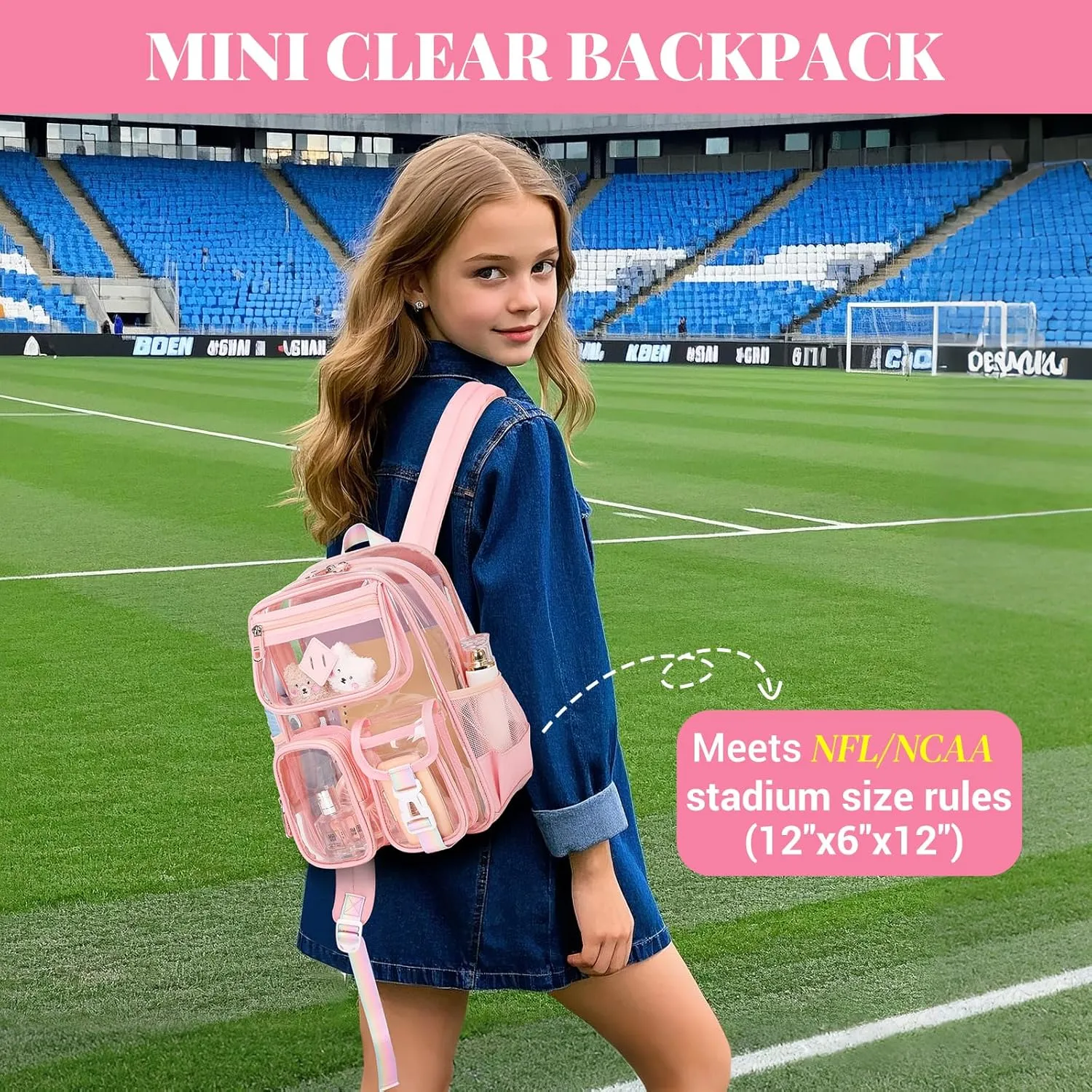 Mini Clear Backpack for Stadium Events Clear Bag Small Transparent Bookbag for Kids Girls with Thicken Shoulder Straps for Concert, Sporting Events, Festival, Pink
