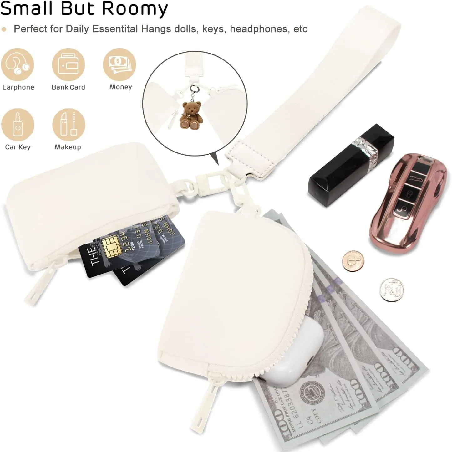Mini Zip Around Wristlet Wallets for Women Small Portable Coin Purse Dual Pouch Keychain Wristlet Gifts for Women Travel Sports Outdoors (Beige)